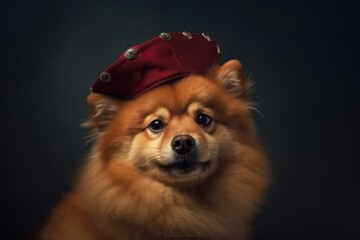 Medium shot portrait photography of a cute finnish spitz wearing a pirate hat against a rich maroon background. With generative AI technology