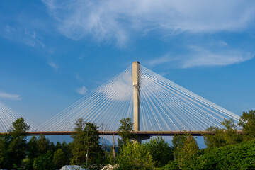 Port Mann Bridge in Surrey, British Columbia,  Canada, on July 6, 2023. The Port Mann Bridge is a 10-lane cable-stayed bridge in Surrey. 