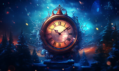 Happy new year with big clock background, cold night vibes, blue and gold luxury, Ai image generative