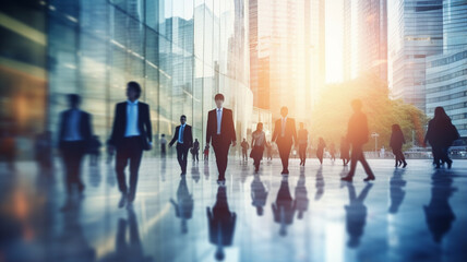 Fototapeta na wymiar silhouettes of business people in modern city background