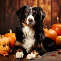 Dog  with pumpkin, generative AI 