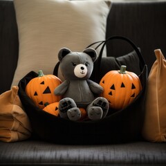 A charmingly festive scene of a cozy halloween night, with a plump, stuffed bear nestled among an abundance of brightly-colored calabaza pumpkins, ready to be enjoyed indoors
