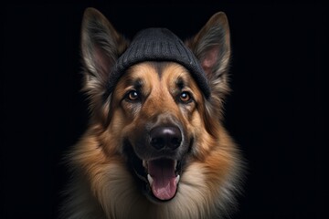 Close-up portrait photography of a happy german shepherd wearing a cool cap against a dark grey background. With generative AI technology
