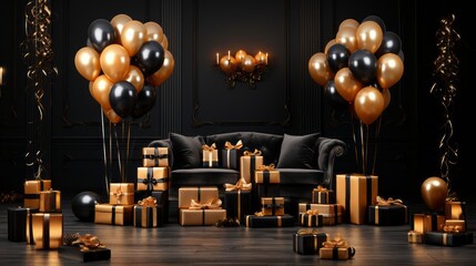Luxury Black Friday banner with gift boxes and balloons