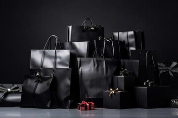 Black gift boxes with black shopping bags on the dark background. Black Friday discounts concept