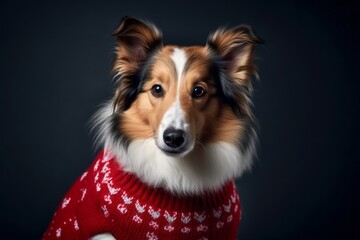 Lifestyle portrait photography of a funny shetland sheepdog wearing a festive sweater against a dark grey background. With generative AI technology