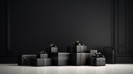 Black stylish gift boxes on the black wall background with copy space for text. Black Friday banner