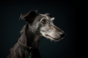 Photography in the style of pensive portraiture of a cute scottish deerhound wearing a light-up collar against a dark grey background. With generative AI technology