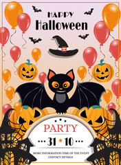 Happy Halloween template design invitation flyer or party poster. Drawing placard with bat, pumpkin and balloons. Invitation cover layout. October 31 holiday evening promotional artwork. Vector 