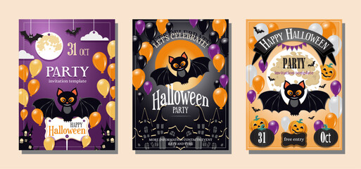 Happy Halloween party poster or flyer set. Drawing placards with bat, pumpkin, full moon and balloons. Invitation cover template. October 31 holiday evening promotional artwork. Vector illustration 