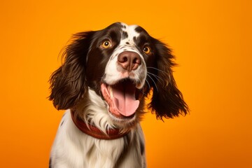 Medium shot portrait photography of a smiling english springer spaniel wearing a paw protector against a tangerine orange background. With generative AI technology