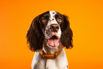 Medium shot portrait photography of a smiling english springer spaniel wearing a paw protector...