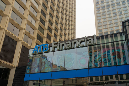 ATB Financial sign on the building at the ATB Place, Edmonton, Alberta, Canada - July 14, 2023. ATB Financial is a financial institution and Crown corporation wholly owned by the province of Alberta