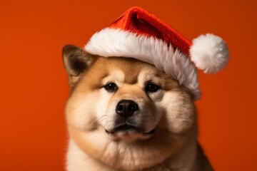 Medium shot portrait photography of a cute akita wearing a christmas hat against a tangerine orange background. With generative AI technology