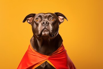 Medium shot portrait photography of a cute staffordshire bull terrier wearing a superhero cape against a tangerine orange background. With generative AI technology - obrazy, fototapety, plakaty