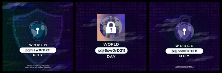 World Password Day Card Poster Set, celebrated on May 4. Padlock with mapp of earth to represent cyber security. Vector Illustration. 
