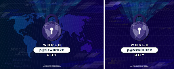 World Password Day Design Banner. Globe Padlock for cyber security. Complex password typography. Protect your privacy and assets with a secure and complex password. Vector Illustration. 