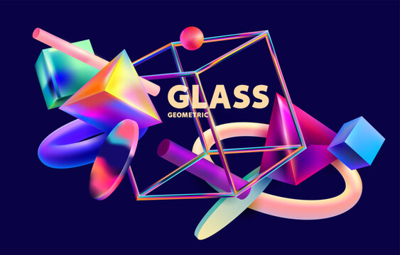 Colorful 3D glass cubes on dark background. Abstract geometric composition.