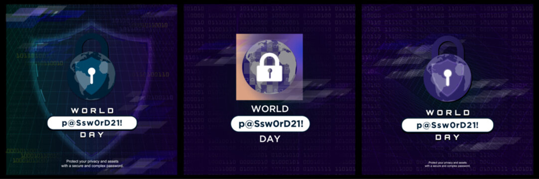 World Password Day Card Poster Set, celebrated on May 4. Padlock with mapp of earth to represent cyber security. Vector Illustration. 

