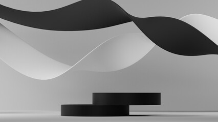 3D minimal black podium on white background scene, white geometric platform, luxury empty pedestal for product presentation.