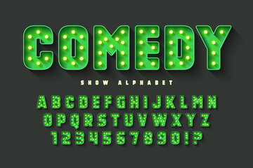 Retro cinema alphabet design, cabaret, LED lamps letters and numbers.