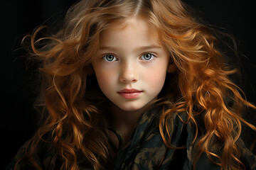 Fototapeta premium Studio portrait of cutle little curly ginger girl on different colours background