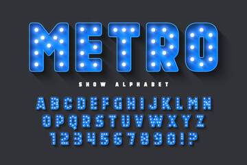 Retro cinema alphabet design, cabaret, LED lamps letters and numbers.