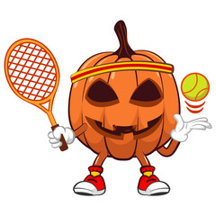 Vector mascot, cartoon and illustration of a halloween pumpkin playing tennis with a tennis racket and ball