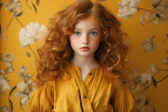 Studio portrait of cutle little curly ginger girl on different colours background