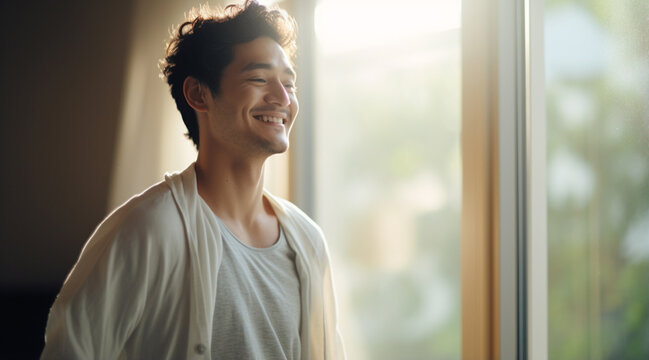 明るく美しいボケのある、朝陽を浴びて輝く笑顔の若い男性