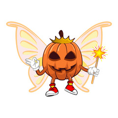 Vector mascot, cartoon and illustration of a halloween pumpkin is a flying fairy with crowned butterfly wings and carrying a magic wand