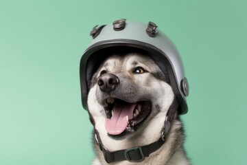 Close-up portrait photography of a smiling norwegian elkhound wearing a visor against a pastel green background. With generative AI technology