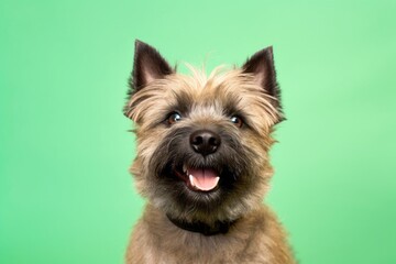 Medium shot portrait photography of a happy cairn terrier wearing a paw protector against a pastel green background. With generative AI technology