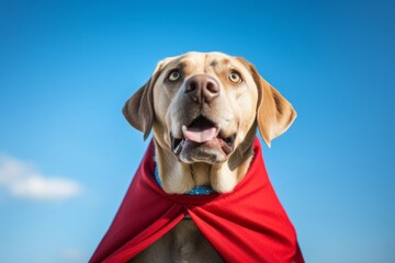 Environmental portrait photography of a happy labrador retriever wearing a ladybug costume against a sky-blue background. With generative AI technology