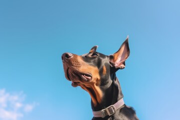 Close-up portrait photography of a funny doberman pinscher wearing a cooling vest against a sky-blue background. With generative AI technology