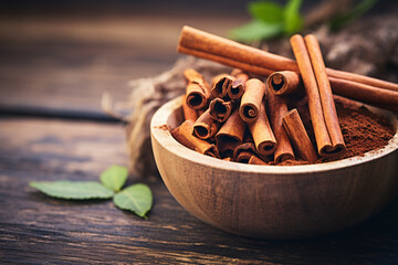 Cinnamon sticks on a wooden background - obrazy, fototapety, plakaty