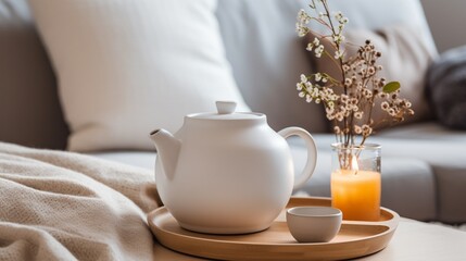 A teapot and a beautiful ceramic cup with decor details in a hygge style living room. The concept of home comfort and modern style