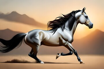 arabian horse elegant looking with long black flying hair and grey color 