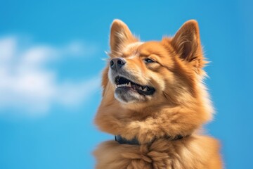 Photography in the style of pensive portraiture of a smiling finnish spitz wearing a leather jacket against a sky-blue background. With generative AI technology