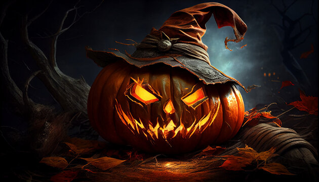 Hooded halloween jack o lantern pumpkin, Ai generated image