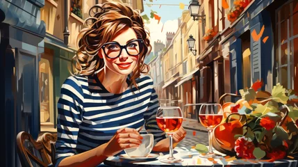 Gordijnen Woman sitting in a Paris cafe © karandaev