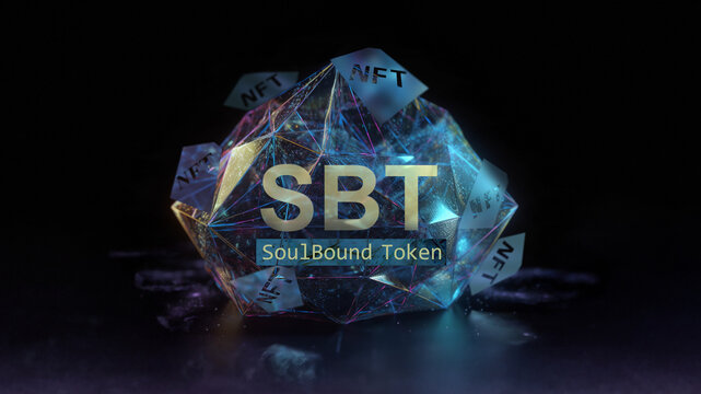 3D illustration of aSBT soul-bound-token concept symbolized by octahedron connected to collected NFT, soulbound wallet with non-fungible tokens.