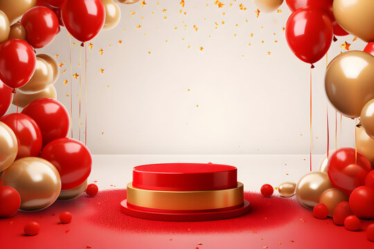 Celebration podium with red and gold balloons and confetti background