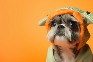 Fototapeta premium Close-up portrait photography of a tired shih tzu wearing a dinosaur costume against a pastel orange background. With generative AI technology