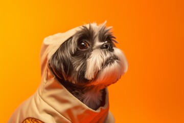 Close-up portrait photography of a tired shih tzu wearing a dinosaur costume against a pastel...