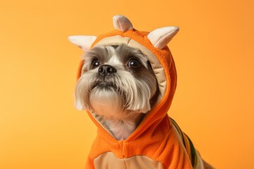 Close-up portrait photography of a tired shih tzu wearing a dinosaur costume against a pastel...