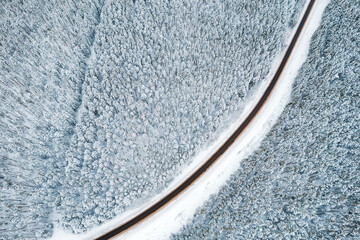 turn of the road in the winter forest view from the drone