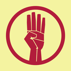 Vector image of a hand with the 4 fingers raised and the thumb inward. Hard lines, revolutionary inspiration. Inside a circle. Four bars, Catalan symbol.