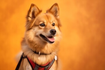 Headshot portrait photography of a funny finnish spitz wearing a harness against a pastel orange background. With generative AI technology