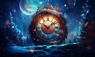 Happy new year with big clock background, cold night vibes, blue and gold luxury, Ai image generative - obrazy, fototapety, plakaty